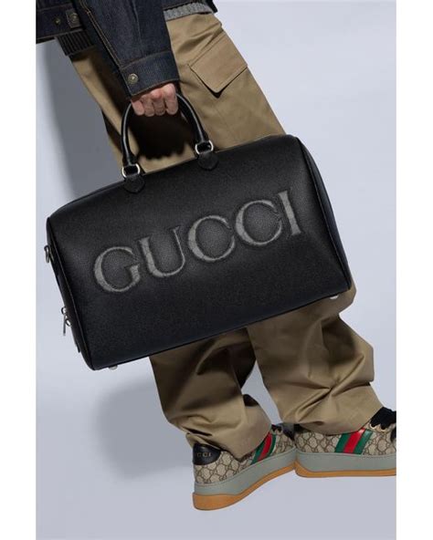 gucci zipper sleeve black leather|Gucci black leather duffle bag.